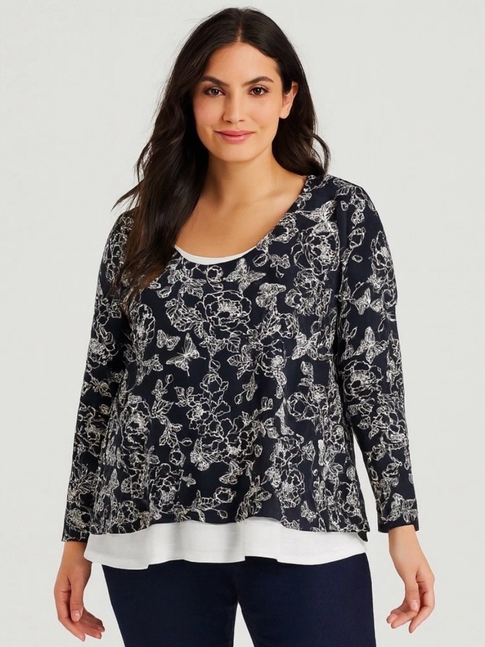 J Jill Floral Top Women L Layered Butterfly Stretch Comfort Cotton Modal Travel